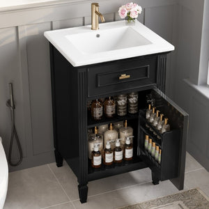 English Elm 20-Inch Freestanding Bathroom Vanity Solid Rubberwood Ceramic Sink Soft-Close Cabinet Black N725P269693B