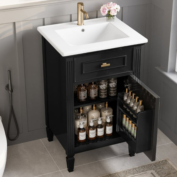 English Elm 20-Inch Freestanding Bathroom Vanity Solid Rubberwood Ceramic Sink Soft-Close Cabinet Black N725P269693B