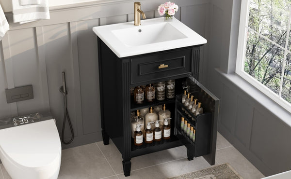 English Elm 20-Inch Freestanding Bathroom Vanity Solid Rubberwood Ceramic Sink Soft-Close Cabinet Black N725P269693B