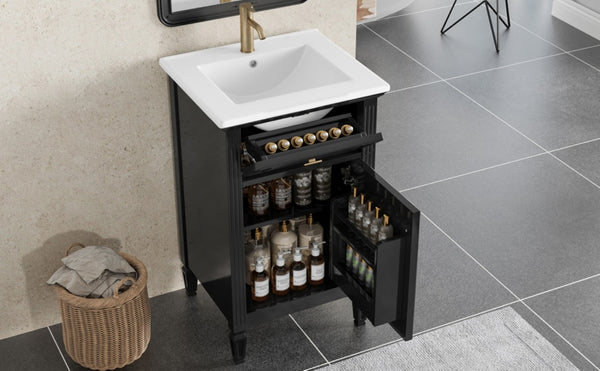 English Elm 20-Inch Freestanding Bathroom Vanity Solid Rubberwood Ceramic Sink Soft-Close Cabinet Black N725P269693B