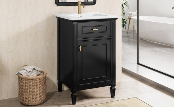 English Elm 20-Inch Freestanding Bathroom Vanity Solid Rubberwood Ceramic Sink Soft-Close Cabinet Black N725P269693B