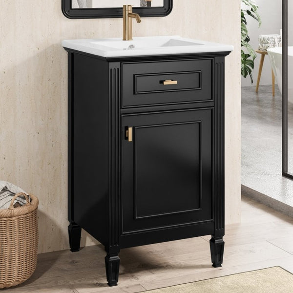 English Elm 20-Inch Freestanding Bathroom Vanity Solid Rubberwood Ceramic Sink Soft-Close Cabinet Black N725P269693B