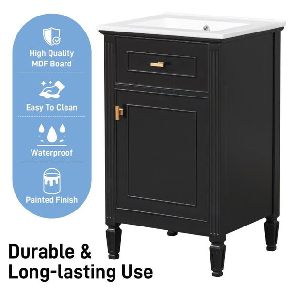 English Elm 20-Inch Freestanding Bathroom Vanity Solid Rubberwood Ceramic Sink Soft-Close Cabinet Black N725P269693B
