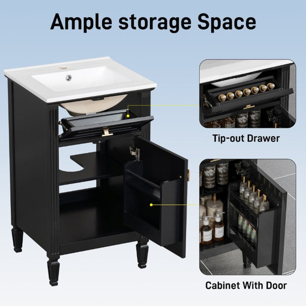 English Elm 20-Inch Freestanding Bathroom Vanity Solid Rubberwood Ceramic Sink Soft-Close Cabinet Black N725P269693B
