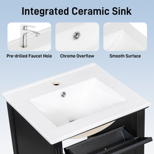 English Elm 20-Inch Freestanding Bathroom Vanity Solid Rubberwood Ceramic Sink Soft-Close Cabinet Black N725P269693B