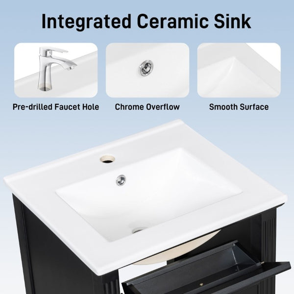 English Elm 20-Inch Freestanding Bathroom Vanity Solid Rubberwood Ceramic Sink Soft-Close Cabinet Black N725P269693B