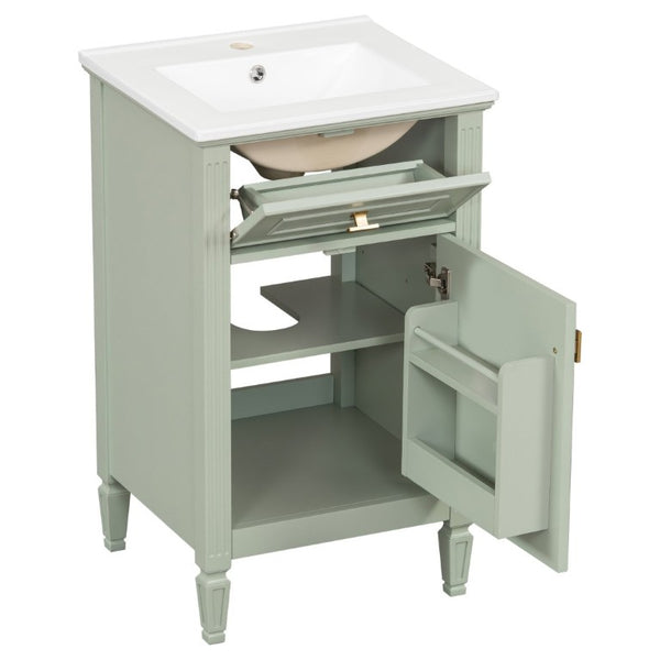 English Elm 20-Inch Freestanding Bathroom Vanity Solid Rubberwood Ceramic Sink Soft-Close Cabinet Green N725P269693F