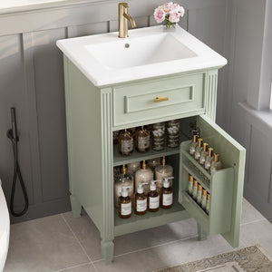 English Elm 20-Inch Freestanding Bathroom Vanity Solid Rubberwood Ceramic Sink Soft-Close Cabinet Green N725P269693F