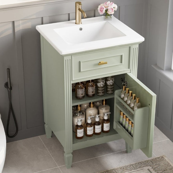 English Elm 20-Inch Freestanding Bathroom Vanity Solid Rubberwood Ceramic Sink Soft-Close Cabinet Green N725P269693F
