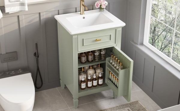 English Elm 20-Inch Freestanding Bathroom Vanity Solid Rubberwood Ceramic Sink Soft-Close Cabinet Green N725P269693F