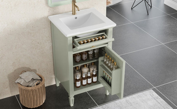 English Elm 20-Inch Freestanding Bathroom Vanity Solid Rubberwood Ceramic Sink Soft-Close Cabinet Green N725P269693F