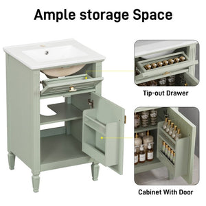 English Elm 20-Inch Freestanding Bathroom Vanity Solid Rubberwood Ceramic Sink Soft-Close Cabinet Green N725P269693F