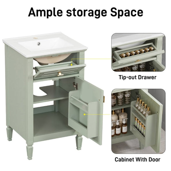 English Elm 20-Inch Freestanding Bathroom Vanity Solid Rubberwood Ceramic Sink Soft-Close Cabinet Green N725P269693F