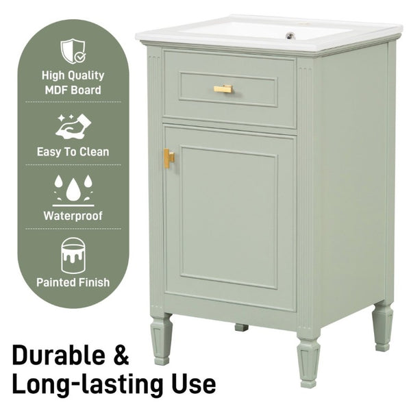 English Elm 20-Inch Freestanding Bathroom Vanity Solid Rubberwood Ceramic Sink Soft-Close Cabinet Green N725P269693F