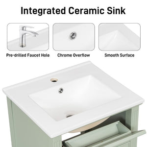 English Elm 20-Inch Freestanding Bathroom Vanity Solid Rubberwood Ceramic Sink Soft-Close Cabinet Green N725P269693F