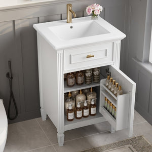 English Elm 20-Inch Freestanding Bathroom Vanity Solid Rubberwood Ceramic Sink Soft-Close Cabinet White N725P269693K