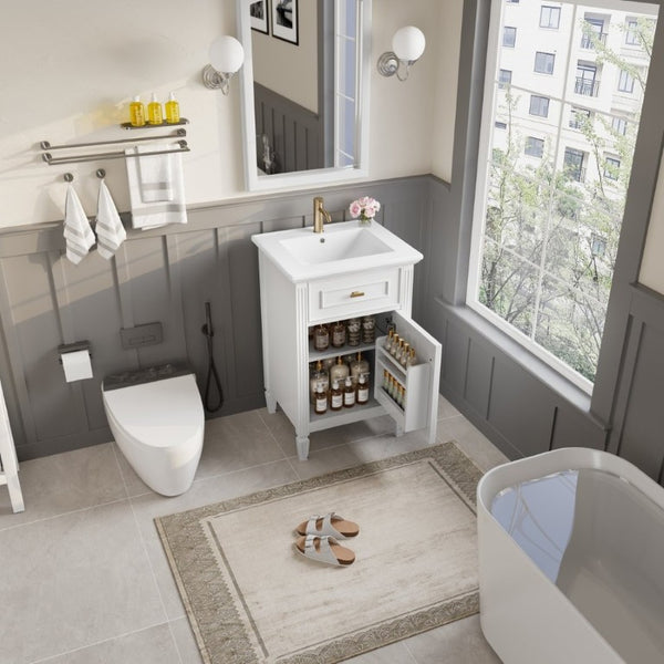 English Elm 20-Inch Freestanding Bathroom Vanity Solid Rubberwood Ceramic Sink Soft-Close Cabinet White N725P269693K
