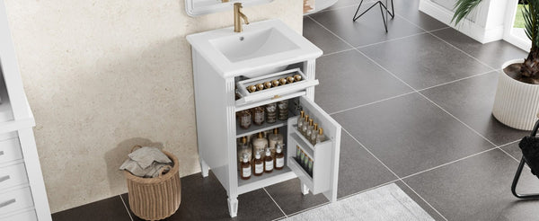 English Elm 20-Inch Freestanding Bathroom Vanity Solid Rubberwood Ceramic Sink Soft-Close Cabinet White N725P269693K