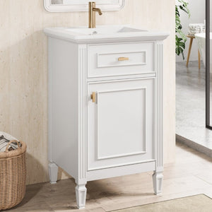 English Elm 20-Inch Freestanding Bathroom Vanity Solid Rubberwood Ceramic Sink Soft-Close Cabinet White N725P269693K