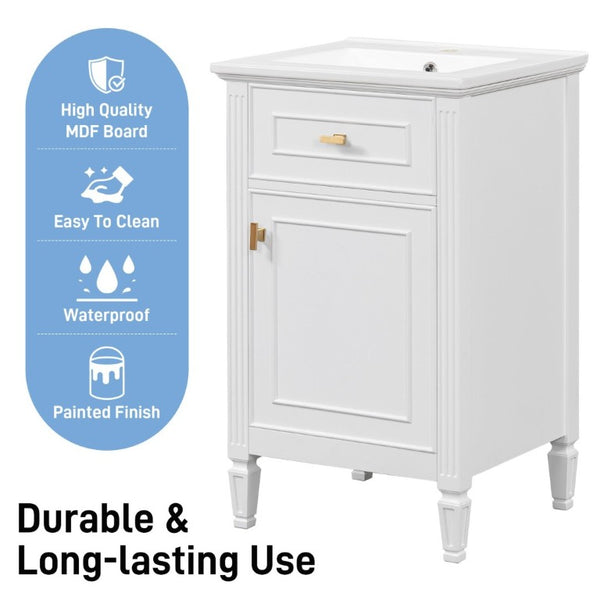 English Elm 20-Inch Freestanding Bathroom Vanity Solid Rubberwood Ceramic Sink Soft-Close Cabinet White N725P269693K