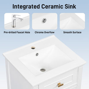 English Elm 20-Inch Freestanding Bathroom Vanity Solid Rubberwood Ceramic Sink Soft-Close Cabinet White N725P269693K