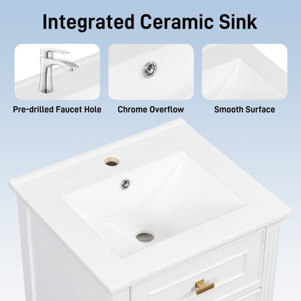English Elm 20-Inch Freestanding Bathroom Vanity Solid Rubberwood Ceramic Sink Soft-Close Cabinet White N725P269693K