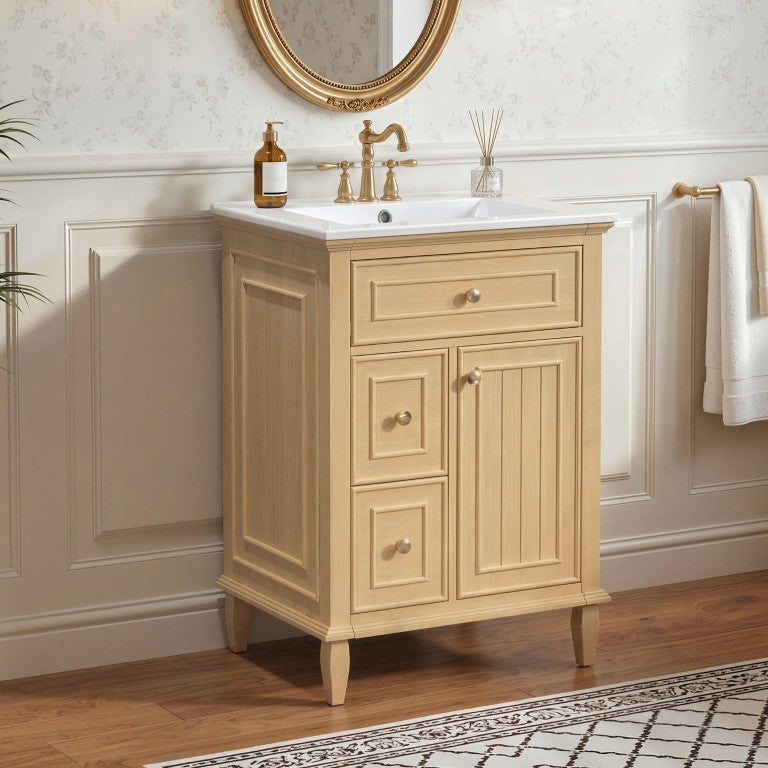 English Elm 24 Inch Bathroom Vanity Solid Rubber Wood Ceramic Sink Multi Drawer Storage Natural Finish N725P346896N