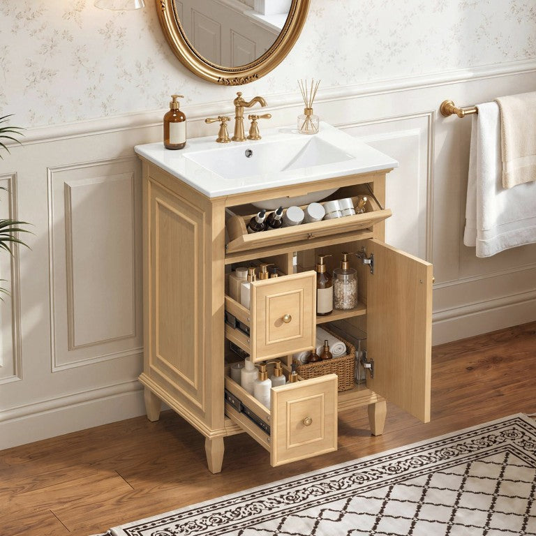 English Elm 24 Inch Bathroom Vanity Solid Rubber Wood Ceramic Sink Multi Drawer Storage Natural Finish N725P346896N
