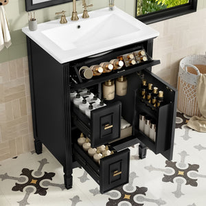 English Elm 24-Inch Freestanding Bathroom Vanity Solid Pine Cabinet with Ceramic Sink Gold Hardware Black N725P350848B