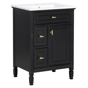 English Elm 24-Inch Freestanding Bathroom Vanity Solid Pine Cabinet with Ceramic Sink Gold Hardware Black N725P350848B