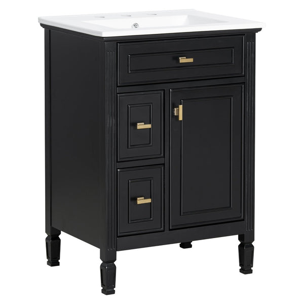English Elm 24-Inch Freestanding Bathroom Vanity Solid Pine Cabinet with Ceramic Sink Gold Hardware Black N725P350848B