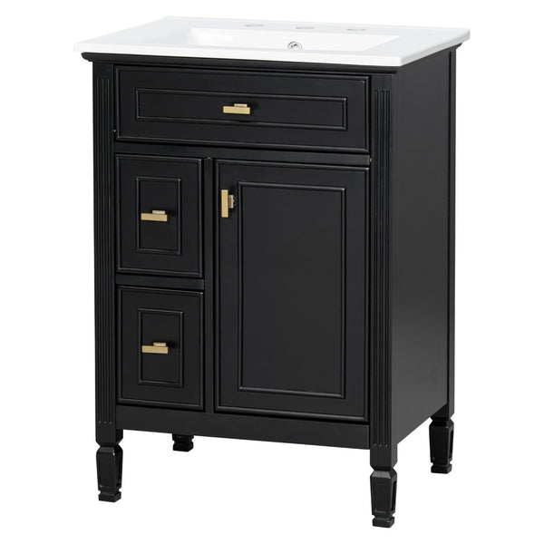 English Elm 24-Inch Freestanding Bathroom Vanity Solid Pine Cabinet with Ceramic Sink Gold Hardware Black N725P350848B