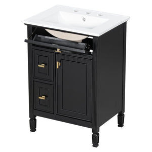 English Elm 24-Inch Freestanding Bathroom Vanity Solid Pine Cabinet with Ceramic Sink Gold Hardware Black N725P350848B