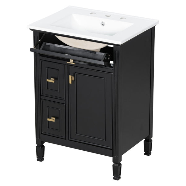 English Elm 24-Inch Freestanding Bathroom Vanity Solid Pine Cabinet with Ceramic Sink Gold Hardware Black N725P350848B