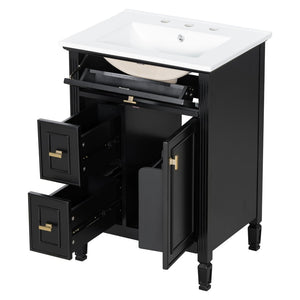 English Elm 24-Inch Freestanding Bathroom Vanity Solid Pine Cabinet with Ceramic Sink Gold Hardware Black N725P350848B