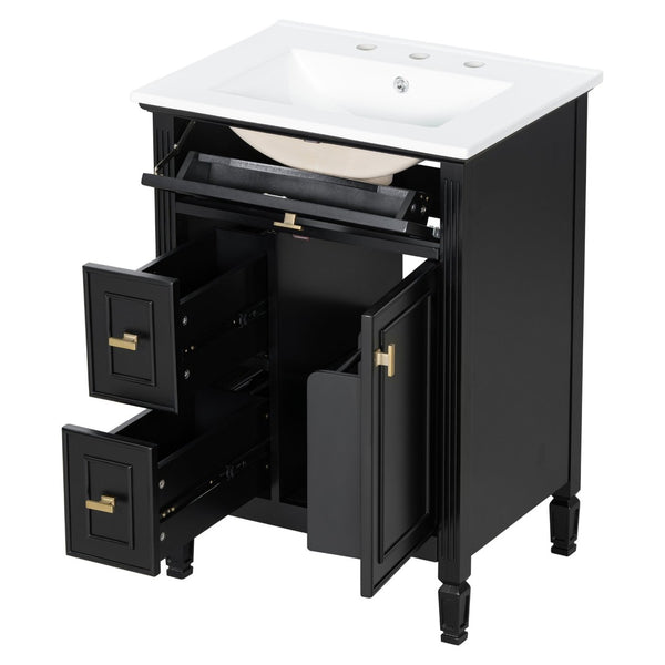 English Elm 24-Inch Freestanding Bathroom Vanity Solid Pine Cabinet with Ceramic Sink Gold Hardware Black N725P350848B