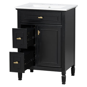 English Elm 24-Inch Freestanding Bathroom Vanity Solid Pine Cabinet with Ceramic Sink Gold Hardware Black N725P350848B