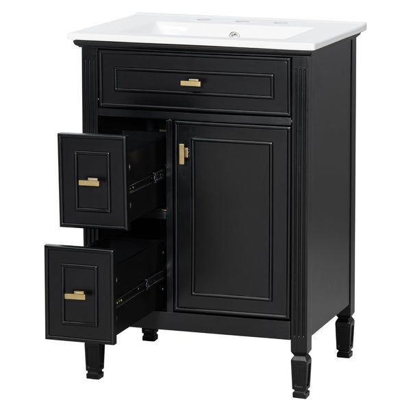 English Elm 24-Inch Freestanding Bathroom Vanity Solid Pine Cabinet with Ceramic Sink Gold Hardware Black N725P350848B