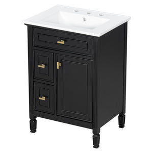 English Elm 24-Inch Freestanding Bathroom Vanity Solid Pine Cabinet with Ceramic Sink Gold Hardware Black N725P350848B