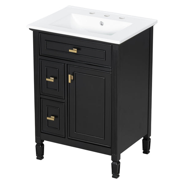 English Elm 24-Inch Freestanding Bathroom Vanity Solid Pine Cabinet with Ceramic Sink Gold Hardware Black N725P350848B