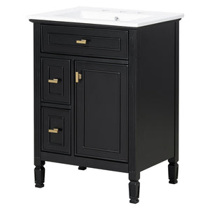English Elm 24-Inch Freestanding Bathroom Vanity Solid Pine Cabinet with Ceramic Sink Gold Hardware Black N725P350848B
