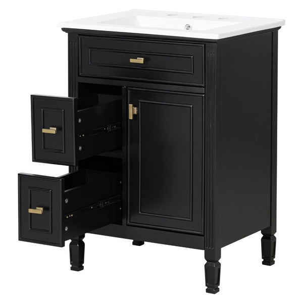 English Elm 24-Inch Freestanding Bathroom Vanity Solid Pine Cabinet with Ceramic Sink Gold Hardware Black N725P350848B