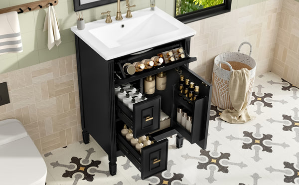 English Elm 24-Inch Freestanding Bathroom Vanity Solid Pine Cabinet with Ceramic Sink Gold Hardware Black N725P350848B