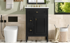English Elm 24-Inch Freestanding Bathroom Vanity Solid Pine Cabinet with Ceramic Sink Gold Hardware Black N725P350848B