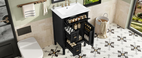 English Elm 24-Inch Freestanding Bathroom Vanity Solid Pine Cabinet with Ceramic Sink Gold Hardware Black N725P350848B