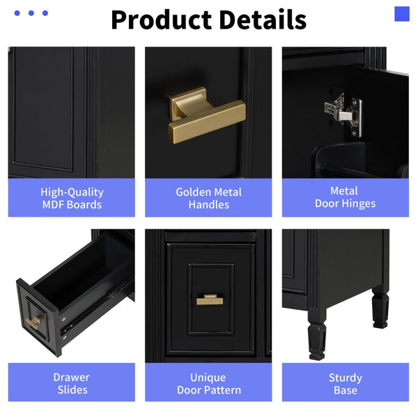 English Elm 24-Inch Freestanding Bathroom Vanity Solid Pine Cabinet with Ceramic Sink Gold Hardware Black N725P350848B