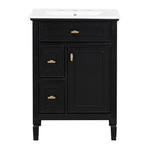 English Elm 24-Inch Freestanding Bathroom Vanity Solid Pine Cabinet with Ceramic Sink Gold Hardware Black N725P350848B