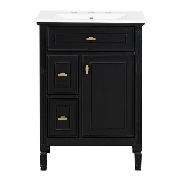 English Elm 24-Inch Freestanding Bathroom Vanity Solid Pine Cabinet with Ceramic Sink Gold Hardware Black N725P350848B