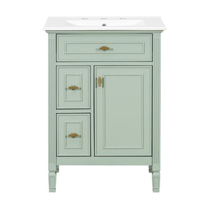 English Elm 24-Inch Freestanding Bathroom Vanity Solid Pine Cabinet with Ceramic Sink Gold Hardware Green N725P350848F