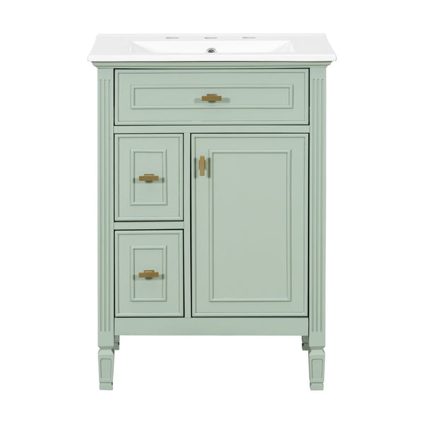 English Elm 24-Inch Freestanding Bathroom Vanity Solid Pine Cabinet with Ceramic Sink Gold Hardware Green N725P350848F